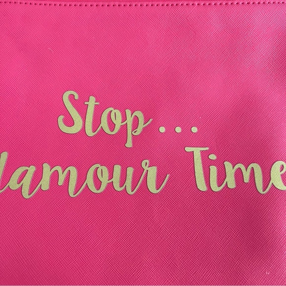 Tassel clutch make up bag “stop…glamour time” hot pink & gold zipper NWT - Picture 4 of 6